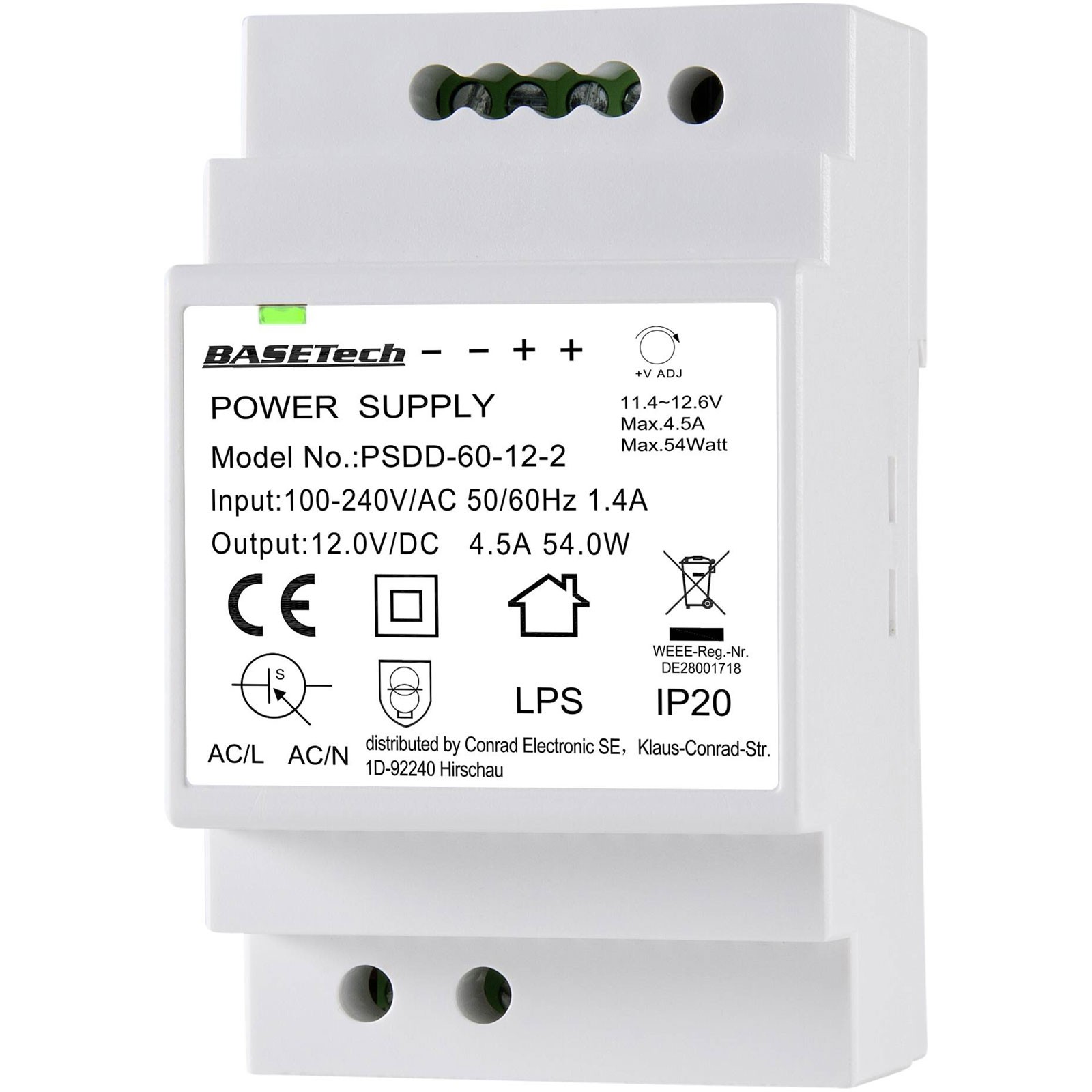 Basetech PSDD-60-12-2 DIN Rail PSU 12V 4.5A 54W 2 Outputs