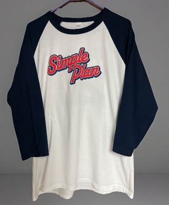 Simple Plan Concert Band Shirt Sz XL White Blue Graphic Raglan Sleeve Just Balls