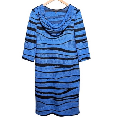 Ming Wang Blue Black Abstract Stripe Cowl Neck Knit Sheath Dress Studded Medium