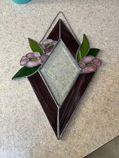 Vintage Stained Glass Window Panel Pink Flowers Green Leaves Suncatcher 10
