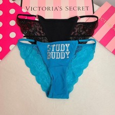 VTG VS PINK 2pk Lace Back Low Rise String Bikini Panties Size Sm Black Blue