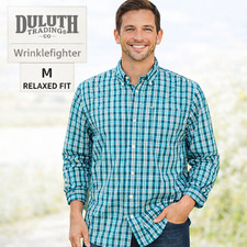 Duluth Trading Wrinklefighter Relaxed Fit Plaid Shirt Mens M Green Blue Button