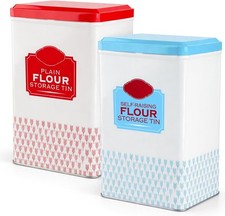 Set of 2 Flour Storage Containers Plain & Self Raising Flour Tin with Lid Metal