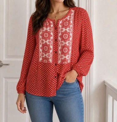 Blusa Camisa Pepe Jeans London Para Mujer Roja Boho Floral Lunares Manga Larga En M - Imagen 1 de 4