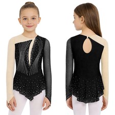Kids Girls Costume Competition Dress Performance Dancewear Leotard Long Sleeves