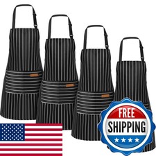Handepo 4 Pcs Kitchen Aprons Waterproof Cotton Striped Black Wide Stripes