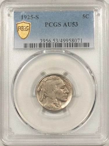 1925-S BUFFALO NICKEL - PCGS AU-53, TOUGH!