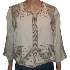 Chicos Size M Embroidered Beaded Cotton Linen Blend Open Blazer NEW
