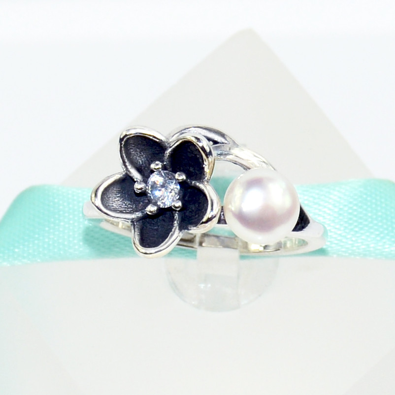 SALE Sterling Silver Natural Pearl Black Enamel Flower Floral Ring