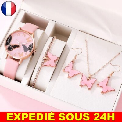 Montre-bracelet Femme En Cuir Rose Avec Papillon - Cadran Rose, Neuf Avec étiquettes