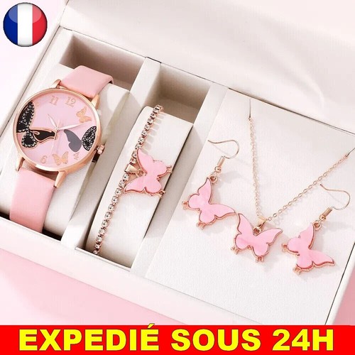 Montre Bracelet Femme Cadran Papillon - Cuir Rose - Neuf Avec étiquettes - Style Mode