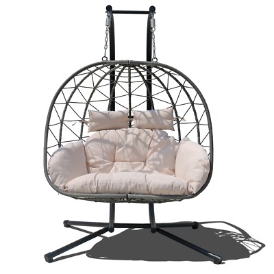 2-Person Hanging Egg Swing Chair with Stand, Wicker Outdoor Chair w/ Cushions