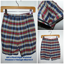 Vintage 60s 70s Plaid Flat Front Swing Golf Shorts Red Black Yellow Womens S 24"