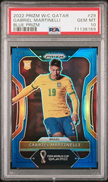 GABRIEL MARTINELLI 2022-23 PRIZM WORLD CUP QATAR BLUE PRIZM RC /299 PSA 10 GEM