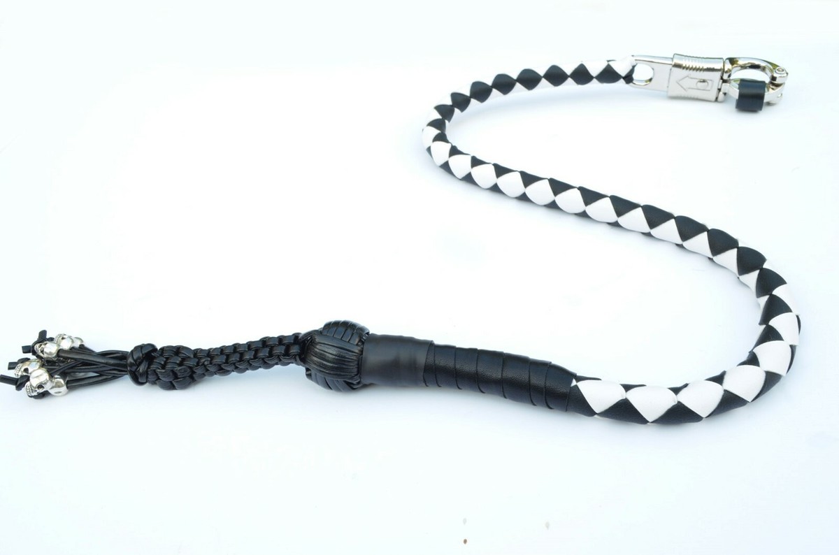 Motorcycle Whip With Ball & Skulls - 36" Orange & Black PU Leather Get Back Whip - Acid Tactical