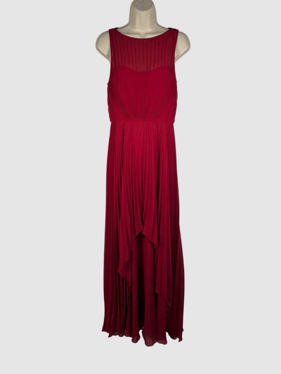 layered georgette dress $895 Badgley Mischka Women's Red Pleated Gown Size 6 soft jumpsuit