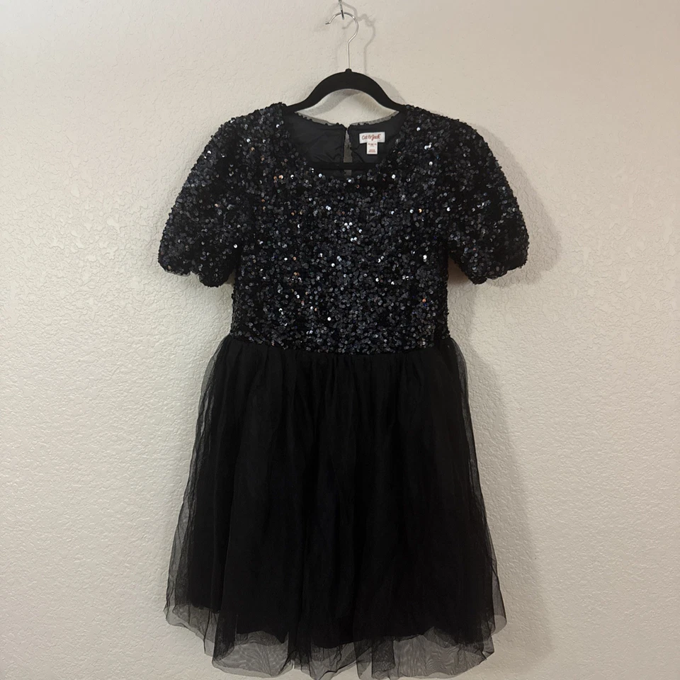 NWOT Cat & Jack girls' black sequin and tulle short-sleeve party dress Size XL - Image 3 of 4