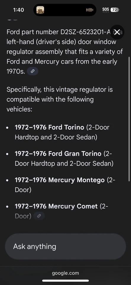 New OEM Ford D2SZ6523201A LH Window Regulator Assembly Fits 1972-76 Torino Comet - Image 3 of 4