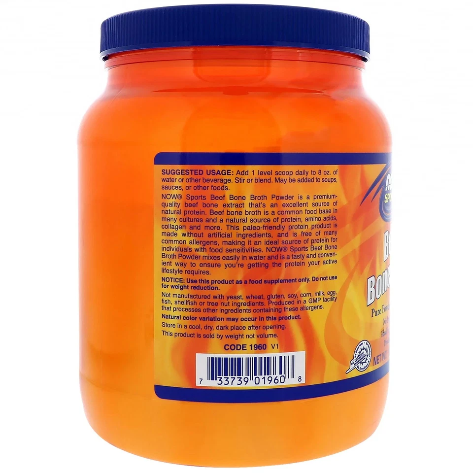 Proteína en polvo caldo de hueso de carne de res Now Foods 1,2 libras, 544 g Foto 3 de 3