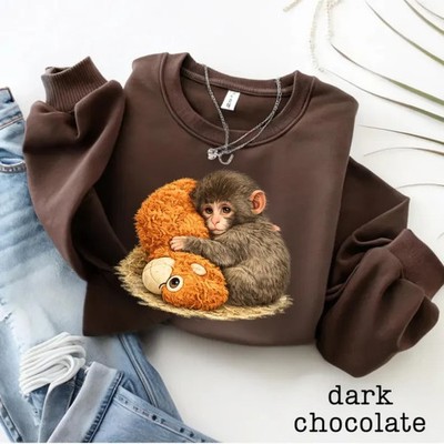 Monkey Punch Graphic Sweatshirt, Baby Monkey Holding Plush Toy, Animal Lover Gif