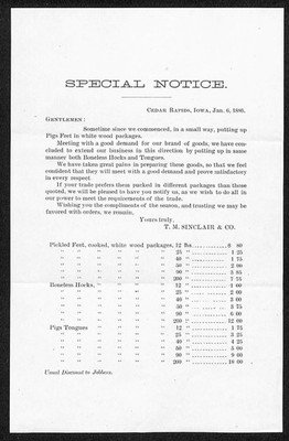 1886 T.M. Sinclair & Co. Cedar Rapids ''Special Notice'' re: Pigs Feet w/ Prices