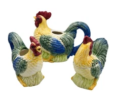 Vintage Russell Rooster Tea Set 14120 Karen Bell Hand Painted Giftcraft Inc 1996
