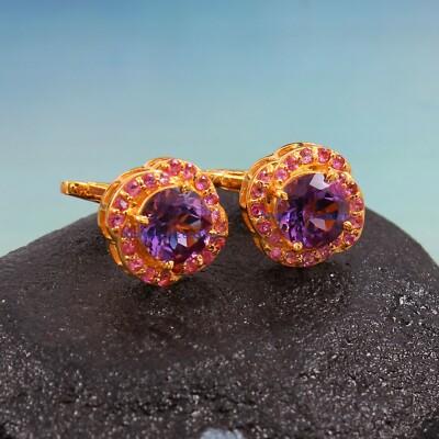Natural Amethyst & Pink CZ Gemstone 925 Sterling Silver Gold Plated Cufflinks #2