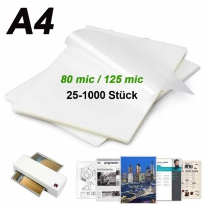 MARKENLOS A4 Laminierfolien 25-1000 Stück glänzend Laminiertaschen 2x 80 Mikron 2x 125 Mic