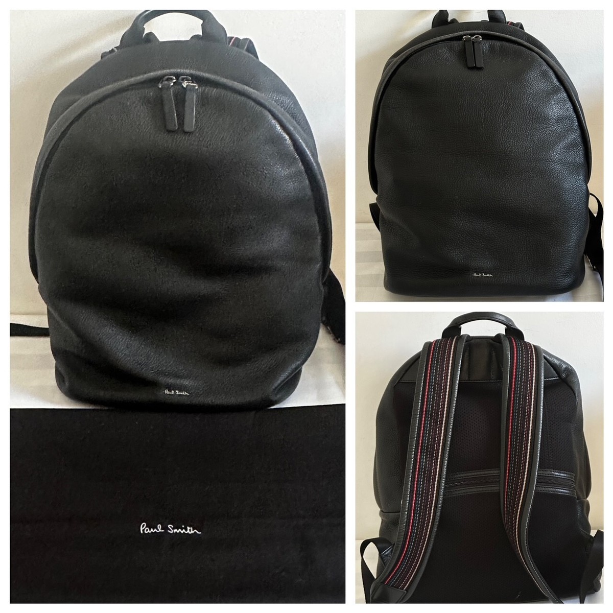 Paul Smith Black Leather Zip Rucksack Backpack Signature Stripe Bag Mens  Unisex
