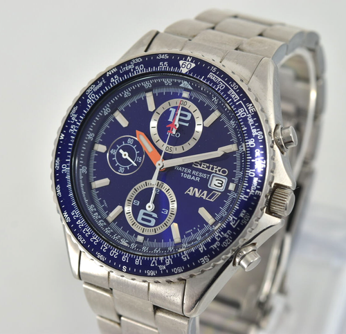 New Battery SEIKO ANA Flightmaster Pilot 7T92-0CF0 Blue Dial Quartz Men's Watch - Picture 2 of 16