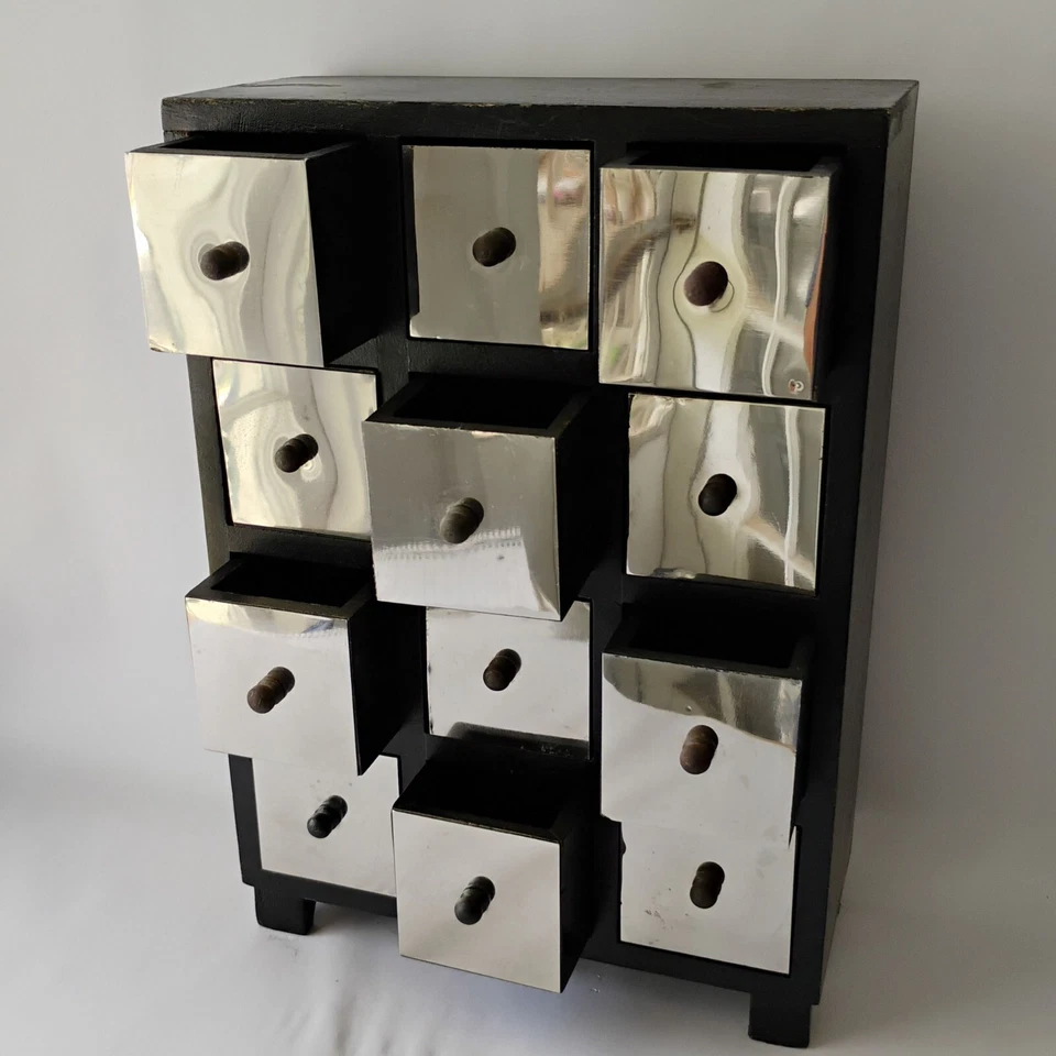 Vintage Black Wood and Silver Metal Table Top Chest of Drawers Hardwood Handmade - Image 4 of 4