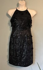 Beautiful Eliza J Women's Black Halter Sequin Dress Floral Appliqué  Size 8 EUC