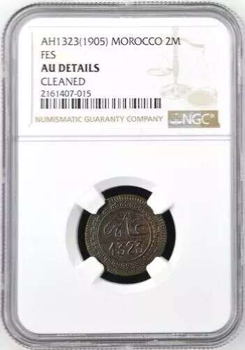 AH 1323 1905 Morocco 2 Mazunas, Fes Fez Mint, NGC AU Details-Cleaned, KM-Y-15.2