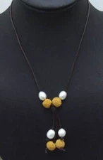 10-11mm Rice Natural White Pearl Necklace for Women Yellow Lava 18" Leather