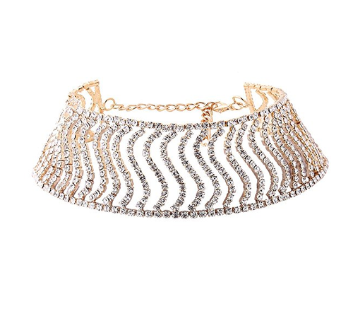 FULL DIAMOND CHUNKY CHOKER SILVER GOLD RHINESTONE STATEMENT NECK WRAP NECKLACE - Picture 3 of 8