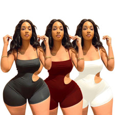 Womens Solid Hollow Out Casual Spaghetti Strap Bodycon Club Party Short Jumpsuit