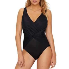 Miraclesuit L80101 Black Rock Solid Twist Front Black One Piece Swimsuit Size 16