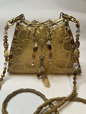 Maya Evangelista Gold Resin Purse W/ Beaded Strap . Shoulder Bag / Clutch Euc