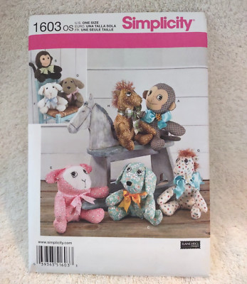 Simplicity Plush Stuffed Animals Pattern 1603 Monkey Dog Lamb Pony 10'' From 2013