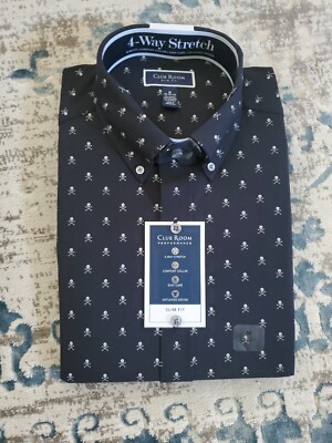 Club Room Mens Slim Fit Skull Print Dress Shirt Black 14-14.5 size