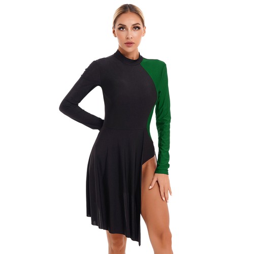 Women Dancewear Rhinestone Collar Dress Patchwork Leotard Mesh Jumpsuit Sheer - Picture 29 of 37