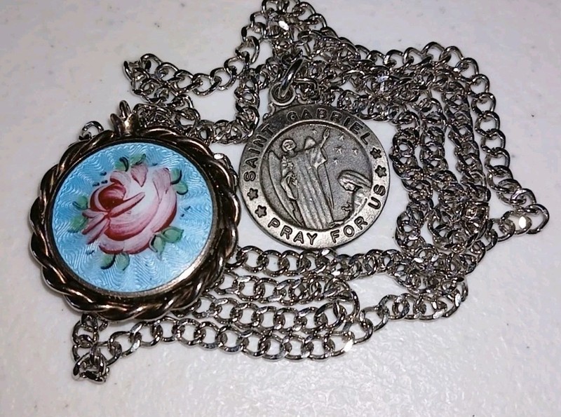 Antq. Rose Guilloche Mourning Locket Pendant 4 Hair & St. Gabriel Medal w/Chain.