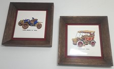 2 Vtg Ford Model N 1906 Cadillac 1904 Painted Ceramic Tiles Wooden Framed Art