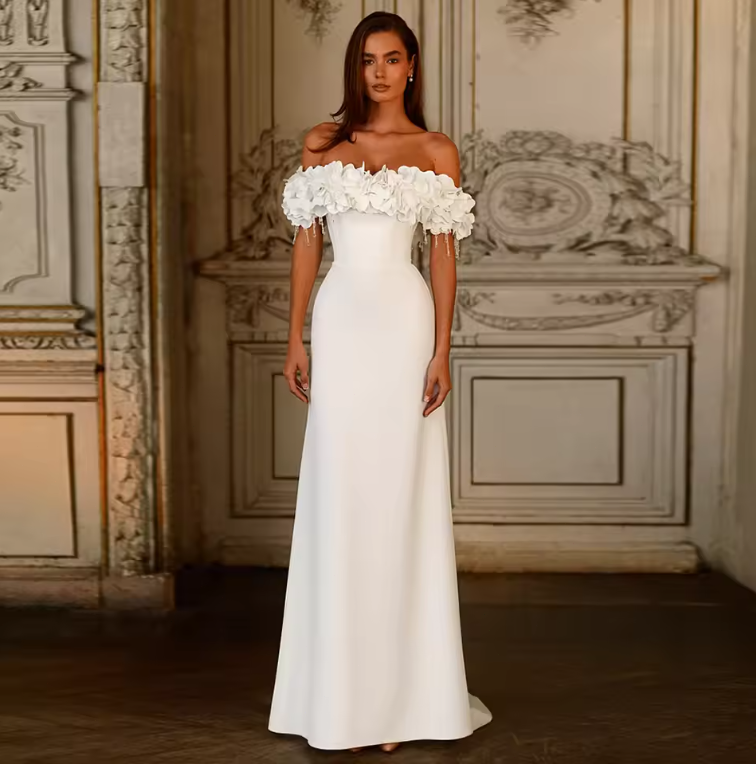 simple elegant wedding dresses off the shoulder Tulle Princess Prom Dresses Off The Shoulder Lace Embroidery – Lisposa main image 0