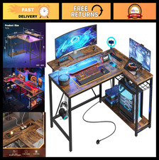 L-Shaped Desk with Power Outlets, USB Ports & LED Lights - Reversible Corner Wor