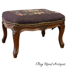 Antique French footstool walnut Louis xv victorian needlepoint ottoman carved