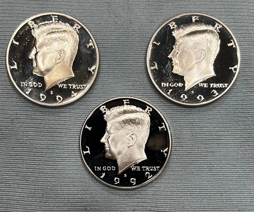 3 Proof Kennedy Silver Half Dollars - 1992 S, 1993 S, 1994 S