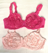 2 x GOSSARD 38C unpadded LACE FULL CUP BRAS underwired FUCHSIA/PALE PINK vgc