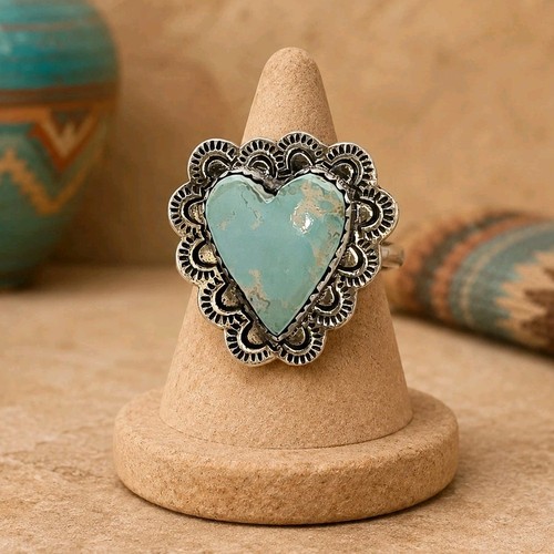White Creek Turquoise Heart Stone Ring Sterling Silver Artisan Handmade Size 8.5