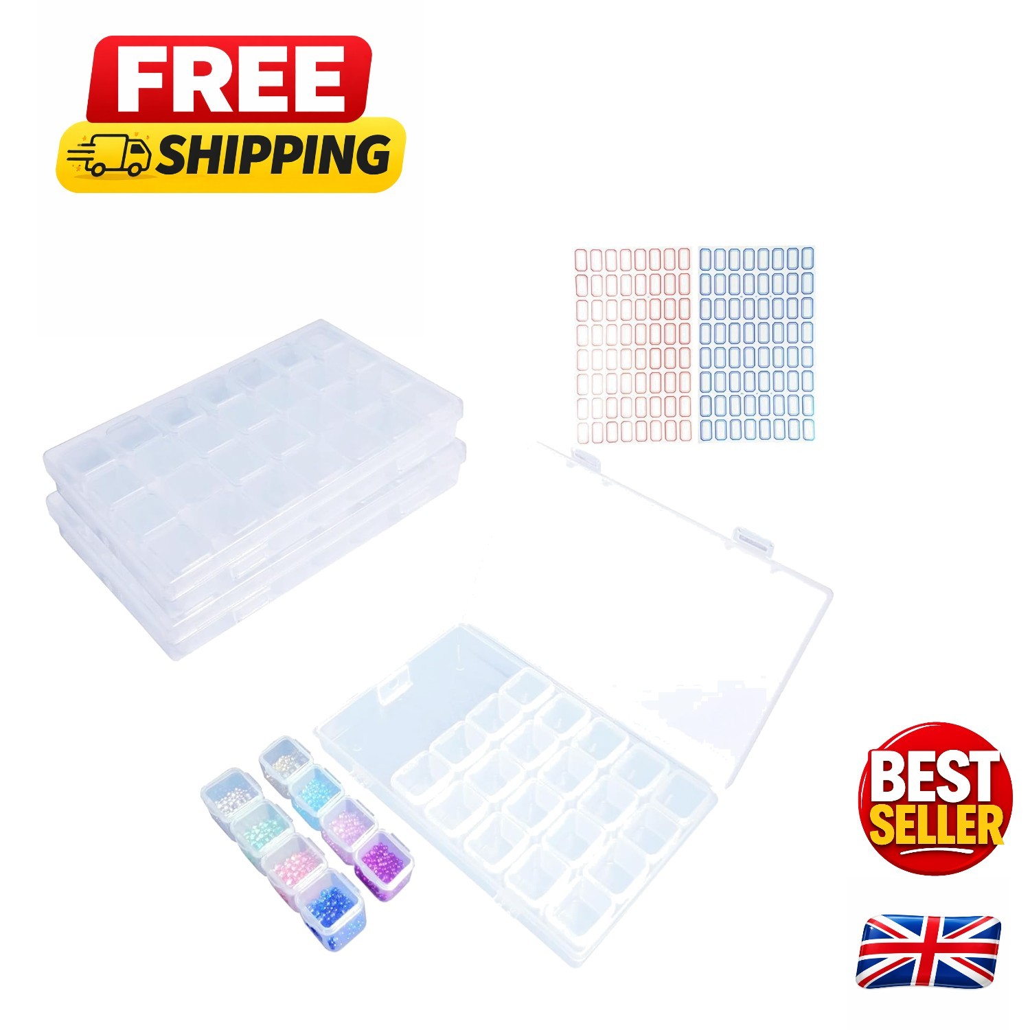 2-Pack 56 Grids Plastic Jewelry Storage Box with Stickers for Easy Organization
